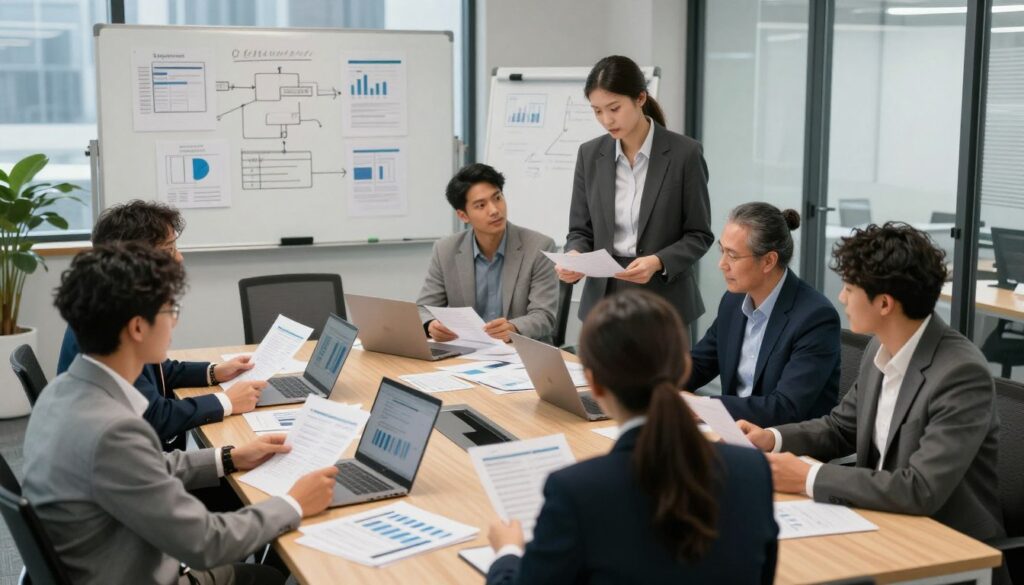 A professional auditor conducting an audit in a modern office setting. In the foreground, depict a diverse group of auditors, dressed in smart business attire, examining financial documents and discussing findings. In the middle ground, showcase a large conference table filled with laptops, charts, and reports, emphasizing collaboration. In the background, include a large whiteboard with audit plans and workflow diagrams, along with glass windows revealing a cityscape. The lighting should be bright and focused, conveying a sense of professionalism and seriousness. Capture the mood of diligence and teamwork, with warm colors to create an inviting atmosphere, all from a slightly elevated angle to provide a comprehensive view of the audit process.