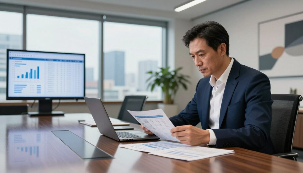 A professional business director seated at a sleek conference table, reviewing financial reports and salary data on a laptop. The director, a middle-aged individual in a tailored navy suit and crisp white shirt, has a focused expression, illuminated by soft overhead lighting. In the foreground, a polished wooden table reflects the digital screens displaying graphs and figures. In the middle ground, a large window offers a panoramic view of a city skyline. The background features modern office decor with subtle elements like potted plants and abstract art. The overall atmosphere conveys professionalism and determination, highlighting the importance of understanding executive salaries across various industries.