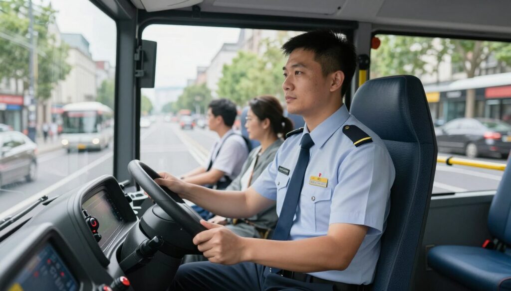 A professional city bus driver sitting inside a modern bus, wearing a neat uniform with a name badge. The driver is engaged in their duties, focused on the road ahead, with a calm and confident expression. In the foreground, capture the driver's hands on the steering wheel, with detailed controls and dashboard visible. In the middle ground, show the spacious driver's seat and the bus interior, featuring passengers in modest casual clothing. The background reveals a busy urban street, with buildings and trees passing by, under soft natural lighting that suggests a bright day. The overall atmosphere is one of professionalism and dedication to public service, highlighting the multifaceted role of a bus driver in urban transportation.