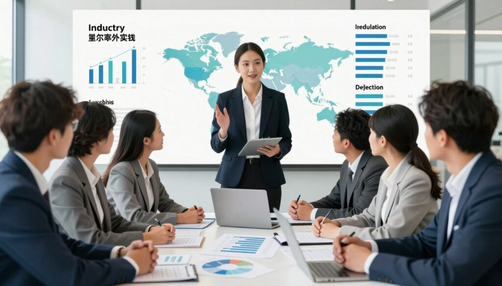 A professional depiction illustrating the factors influencing director salaries across various industries. In the foreground, a diverse group of business professionals in smart business attire engage in a discussion, analyzing charts and data on a table. In the middle ground, infographics showcasing key elements like industry trends, geographic location, education, and experience levels are displayed prominently. The background features a modern office setting with large windows allowing natural light to stream in, creating a bright and optimistic atmosphere. The composition is balanced with a focus on teamwork and strategic analysis, conveying a sense of professionalism and insight, captured from an eye-level angle for authenticity and immersion.