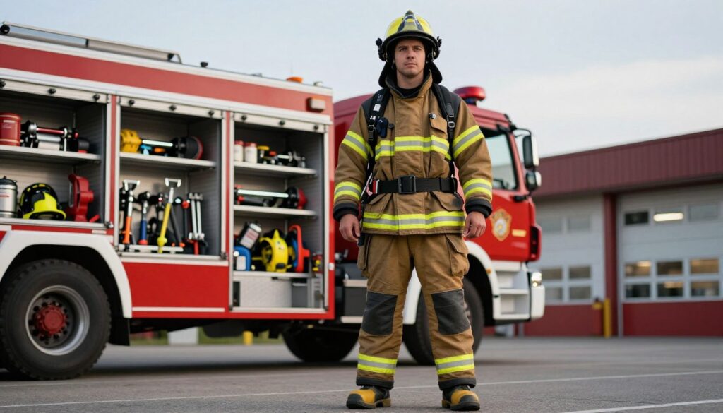 A professional firefighter in full uniform standing in the foreground, showcasing the detailed design of the fire suit, complete with a helmet, boots, and firefighting gear. The middle ground features a modern fire truck and rescue equipment, emphasizing the tools of the trade, while the background displays a fire station with a clear sky above. Soft, natural lighting highlights the firefighter’s determined expression, capturing a sense of duty and pride. The angle is slightly upward, giving an impression of strength and heroism. The atmosphere is serious yet inspirational, invoking the importance of the service and dedication required in firefighting.