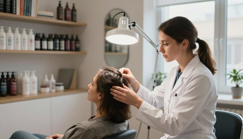 A professional interior scene depicting a trychologist's consultation room. In the foreground, a well-dressed female trychologist, wearing a white lab coat, is attentively examining a client's scalp under a bright, focused lamp. The client, in casual but modest clothing, appears relaxed and engaged. In the middle ground, shelves filled with hair care products and medical textbooks about trichology line the walls, along with a stylish mirror. The background features a window with natural light streaming in, illuminating the room with a warm, inviting glow. Soft shadows enhance the atmosphere, evoking a sense of professionalism and care. The setting reflects an educational and practical approach to the field of trichology, symbolizing pathways to becoming a trichologist in Poland.