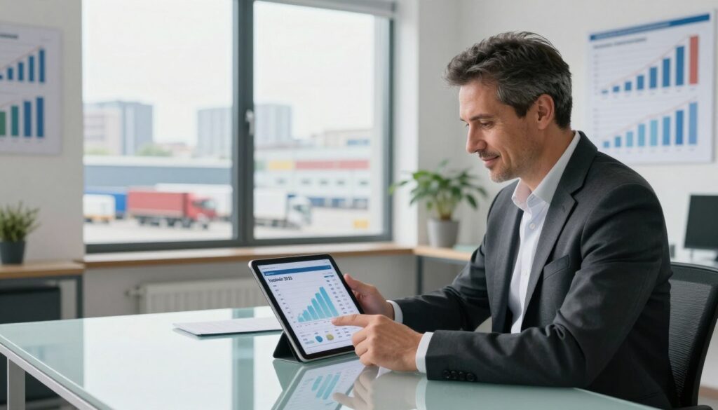 A professional logistics expert analyzing salary data in a modern office setting. In the foreground, a confident, middle-aged man in business attire is seated at a sleek glass desk, reviewing a digital tablet. The screen displays graphical data on logistics salaries in Poland for 2025. In the middle ground, a large window reveals a bustling cityscape with warehouses and transport trucks, symbolizing the logistics industry. The background features charts and graphs on the walls, illustrating salary trends in logistics, warehouse management, and transportation planning. Soft, natural lighting streams through the window, creating an optimistic and focused atmosphere, captured from a slightly elevated angle to emphasize the expert's engagement with the data.