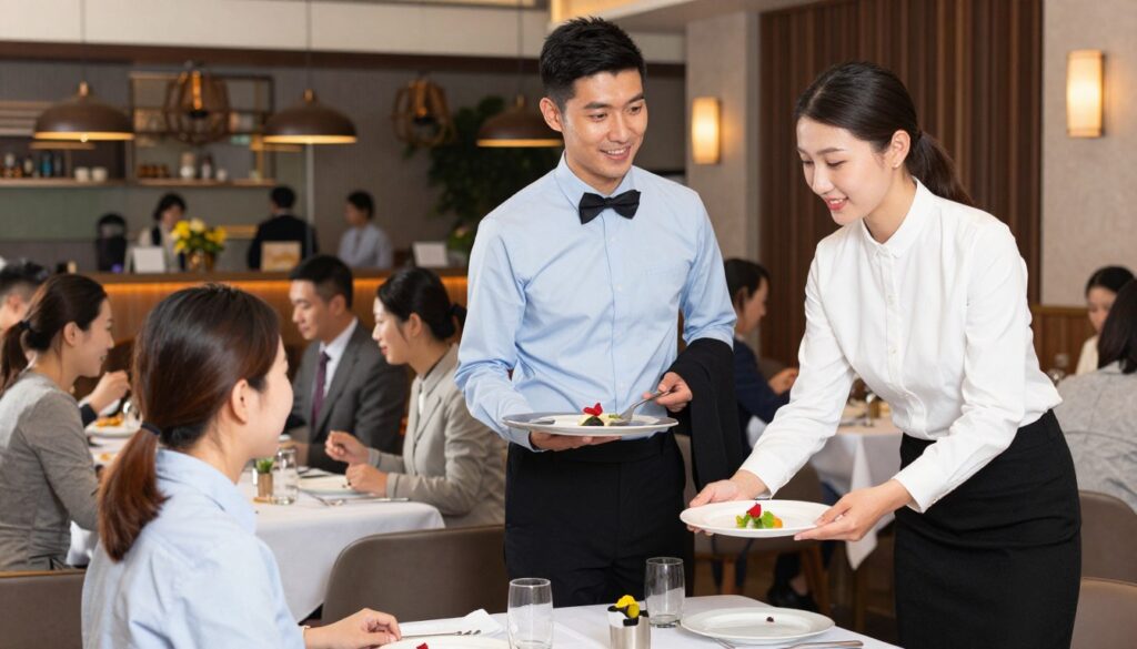 A professional male and female waiter in smart, well-fitted business attire, standing in a bustling restaurant environment. The male waiter is serving a table with a friendly smile, while the female waiter is preparing to take an order, showcasing attentive customer service. The background features a vibrant dining area with elegantly set tables, soft ambient lighting, and patrons enjoying their meals, illustrating a lively, upscale dining atmosphere. Use a warm, inviting color palette to convey a sense of hospitality. The scene is captured from a dynamic angle, emphasizing the interaction between the waiters and the diners, highlighting the professional setting of the restaurant industry.