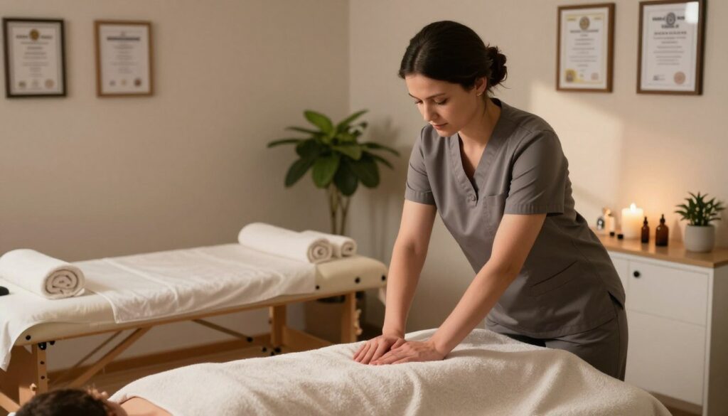 A professional massage therapist, depicted in a serene treatment room, showcases the essence of a "technik masażysta." In the foreground, the therapist, dressed in smart, modest casual clothing, is demonstrating a massage technique on a client draped in a towel. The middle layer features a massage table with essential oils, towels, and a soothing ambient light. In the background, soft colors create a calming atmosphere with plants and framed certifications on the walls highlighting professionalism. The lighting is warm and natural, casting gentle shadows that enhance the tranquil mood. Capture this scene from a slightly elevated angle to emphasize the expertise and calm ambiance, illustrating the importance of qualifications in the massage therapy field. A professional massage therapist, depicted in a serene treatment room, showcases the essence of a "technik masażysta." In the foreground, the therapist, dressed in smart, modest casual clothing, is demonstrating a massage technique on a client draped in a towel. The middle layer features a massage table with essential oils, towels, and a soothing ambient light. In the background, soft colors create a calming atmosphere with plants and framed certifications on the walls highlighting professionalism. The lighting is warm and natural, casting gentle shadows that enhance the tranquil mood. Capture this scene from a slightly elevated angle to emphasize the expertise and calm ambiance, illustrating the importance of qualifications in the massage therapy field.