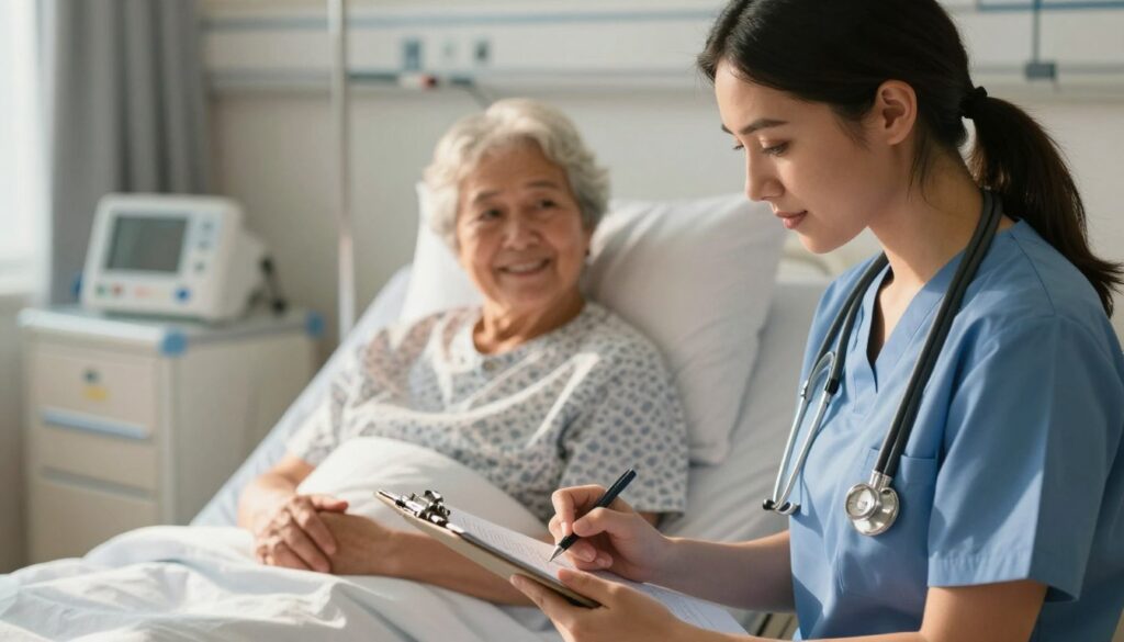 A professional medical caregiver, dressed in smart business attire, is assisting an elderly patient in a sunlit hospital room. In the foreground, focus on the caregiver's compassionate expression as they take notes on a clipboard while looking at a medical chart. In the middle ground, the elderly patient sits comfortably in a hospital bed, with a gentle smile, surrounded by personal items that reflect their life. In the background, soft medical equipment is visible, creating an atmosphere of care and support. The lighting is warm and inviting, with soft shadows enhancing the comforting environment. Capture the energy of dedication and professionalism, emphasizing the caregiver's role in health and wellness.
