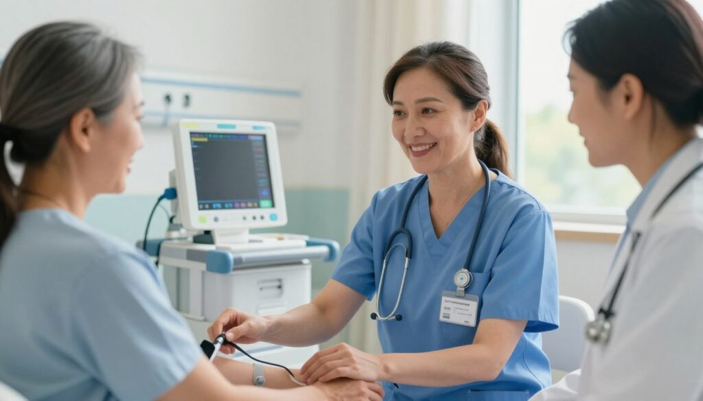 A professional medical caregiver in a hospital setting, wearing scrubs and a name tag, is interacting with a patient in a care room. The caregiver, a middle-aged woman with a warm smile, is checking the patient’s vitals on a monitor. In the background, medical equipment and a softly lit hospital environment create a sense of safety and healing. The lighting is bright but soothing, emphasizing a sterile and professional atmosphere. A window reveals a sunny day outside, contributing to a hopeful, positive mood. The composition focuses on the caregiver and patient, capturing the compassion and dedication inherent in medical professions while illustrating the importance of caregiver salaries in healthcare institutions.