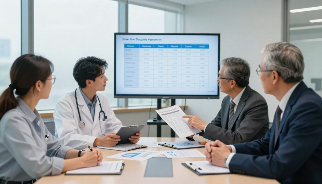A professional meeting in a hospital conference room, showcasing a diverse group of medical professionals in business attire engaged in a discussion about salary agreements. In the foreground, three professionals—a middle-aged woman with glasses, a young man with a notepad, and an older gentleman pointing at a document—analyze a detailed salary chart displayed on a screen. In the middle ground, a large table is covered with charts and papers, emphasizing collective bargaining agreements. The background includes a large window with soft, natural light filtering in, highlighting a modern hospital environment. The atmosphere is focused and collaborative, conveying a sense of importance and urgency in understanding salary structures. A professional meeting in a hospital conference room, showcasing a diverse group of medical professionals in business attire engaged in a discussion about salary agreements. In the foreground, three professionals—a middle-aged woman with glasses, a young man with a notepad, and an older gentleman pointing at a document—analyze a detailed salary chart displayed on a screen. In the middle ground, a large table is covered with charts and papers, emphasizing collective bargaining agreements. The background includes a large window with soft, natural light filtering in, highlighting a modern hospital environment. The atmosphere is focused and collaborative, conveying a sense of importance and urgency in understanding salary structures.