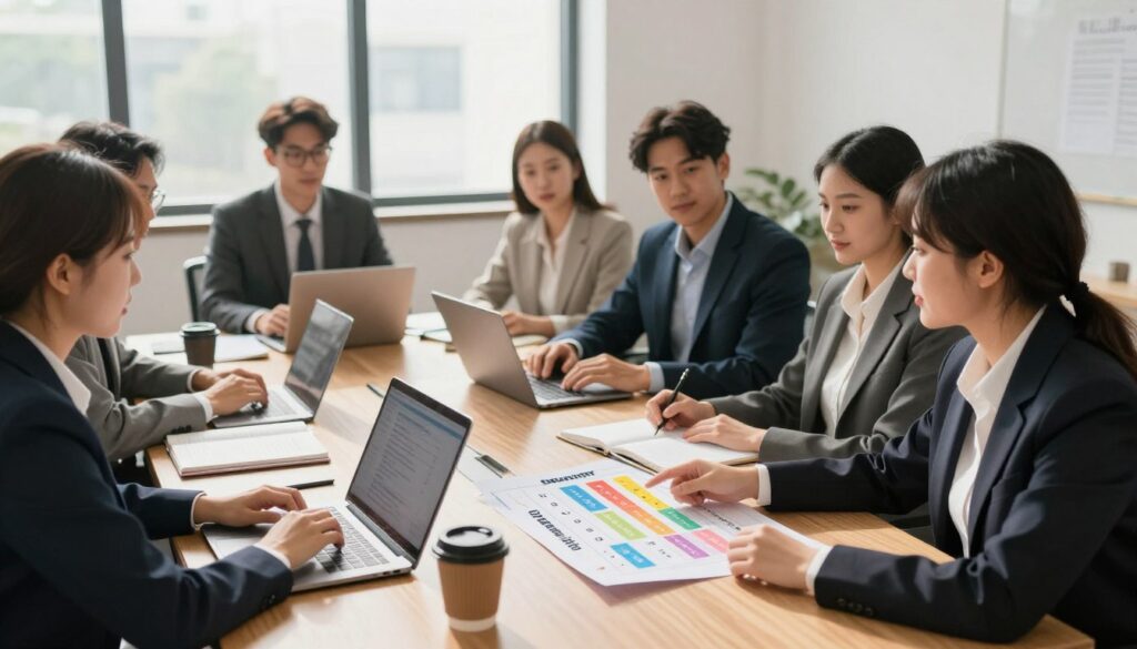 A professional office environment featuring a diverse group of individuals, both men and women, in business attire engaged in a discussion about vacation days after graduation. In the foreground, a young woman points to a colorful chart detailing vacation days allowed based on education level. The middle ground showcases a conference table filled with open laptops, notebooks, and coffee mugs, symbolizing focus and productivity. The background consists of a large window with natural light streaming in, casting soft shadows over the room, creating a warm and inviting atmosphere. The overall mood is collaborative and inspiring, highlighting the importance of understanding vacation entitlements in a post-education context.