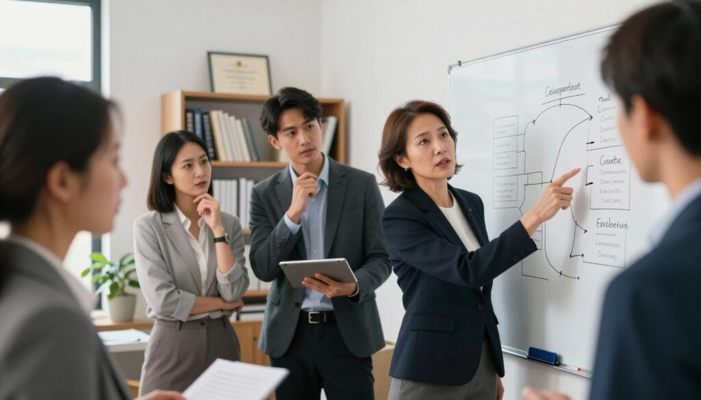 A professional office environment with a diverse group of individuals in business attire engaged in a brainstorming session. In the foreground, a middle-aged woman points at a whiteboard filled with career development paths and goals, her expression focused and determined. Nearby, a young man holds a tablet while discussing postgraduate study options with a colleague, who is nodding thoughtfully. In the background, shelves lined with books and certificates symbolize knowledge and accomplishment. Soft, natural lighting fills the room, creating an inspiring and motivational atmosphere. The lens is slightly angled to emphasize the interaction, capturing the essence of career growth and educational advancement in a professional setting. A professional office environment with a diverse group of individuals in business attire engaged in a brainstorming session. In the foreground, a middle-aged woman points at a whiteboard filled with career development paths and goals, her expression focused and determined. Nearby, a young man holds a tablet while discussing postgraduate study options with a colleague, who is nodding thoughtfully. In the background, shelves lined with books and certificates symbolize knowledge and accomplishment. Soft, natural lighting fills the room, creating an inspiring and motivational atmosphere. The lens is slightly angled to emphasize the interaction, capturing the essence of career growth and educational advancement in a professional setting.