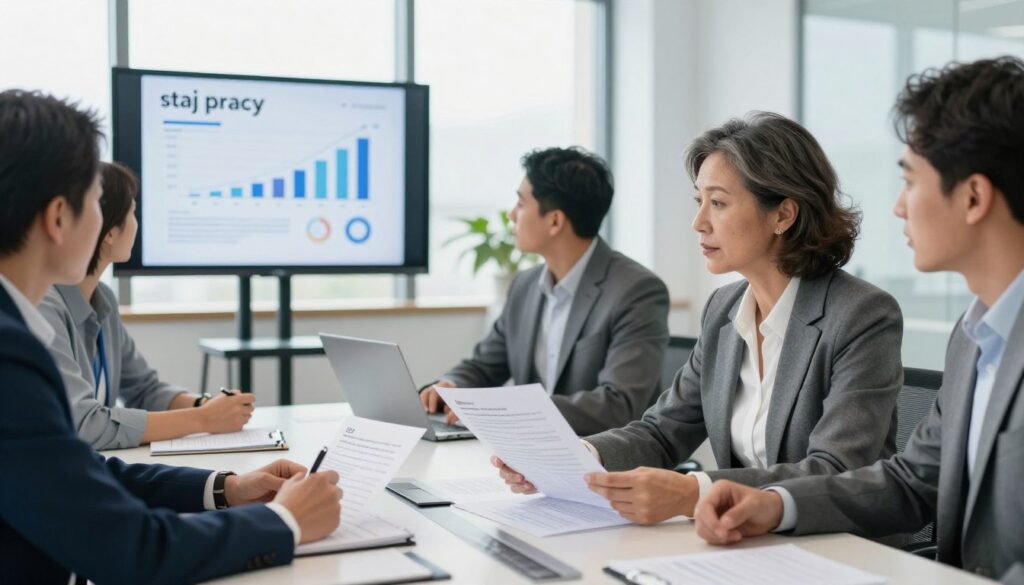A professional office setting showing a diverse group of individuals engaged in a discussion about employment and work experience. In the foreground, a middle-aged woman in business attire sits at a modern conference table, reviewing documents that symbolize work experience. The middle ground features a digital display with graphs and statistics related to employment benefits, illustrating the concept of 'staż pracy'. In the background, a bright office environment with large windows allows natural light to flood the space, creating an optimistic and productive atmosphere. The camera angle is slightly elevated, capturing the dynamic interaction among the professionals. The mood is serious yet collaborative, emphasizing the importance of understanding work tenure and unemployment benefits.