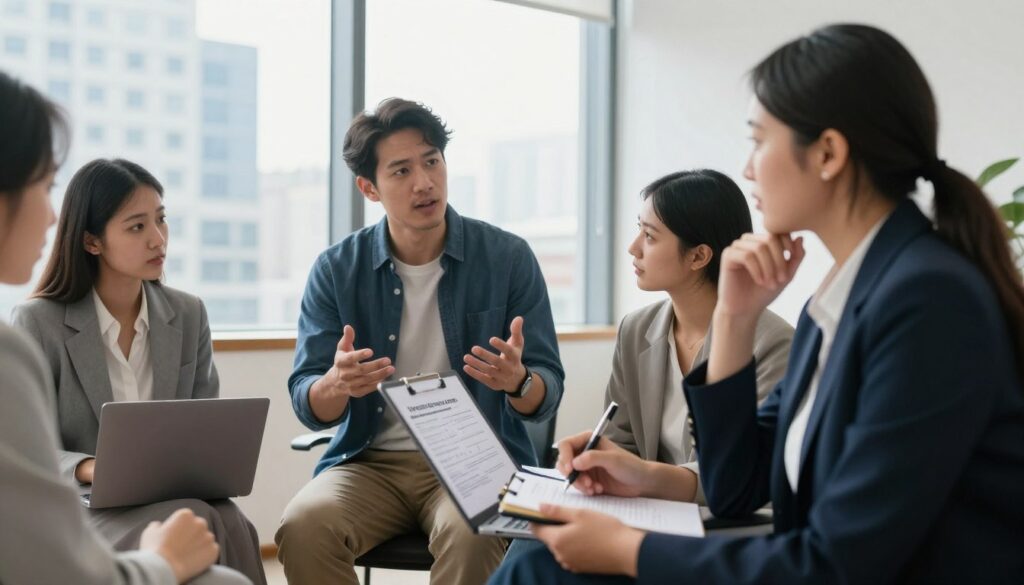 A professional office setting with a diverse group of people engaged in a discussion about vacation days and employment. In the foreground, a thoughtful woman in business attire, holding a laptop, takes notes. In the middle, a man in a smart casual outfit gestures while explaining policies related to part-time work and vacation credits. In the background, a bright window offers a view of a cityscape, indicating a bustling workplace environment. Soft, natural light filters through the room, creating an inviting atmosphere. The scene conveys a sense of collaboration and professionalism, highlighting the complexities of vacation entitlements in relation to education and employment status. The overall tone is informative and engaging, encouraging exploration of the topic.