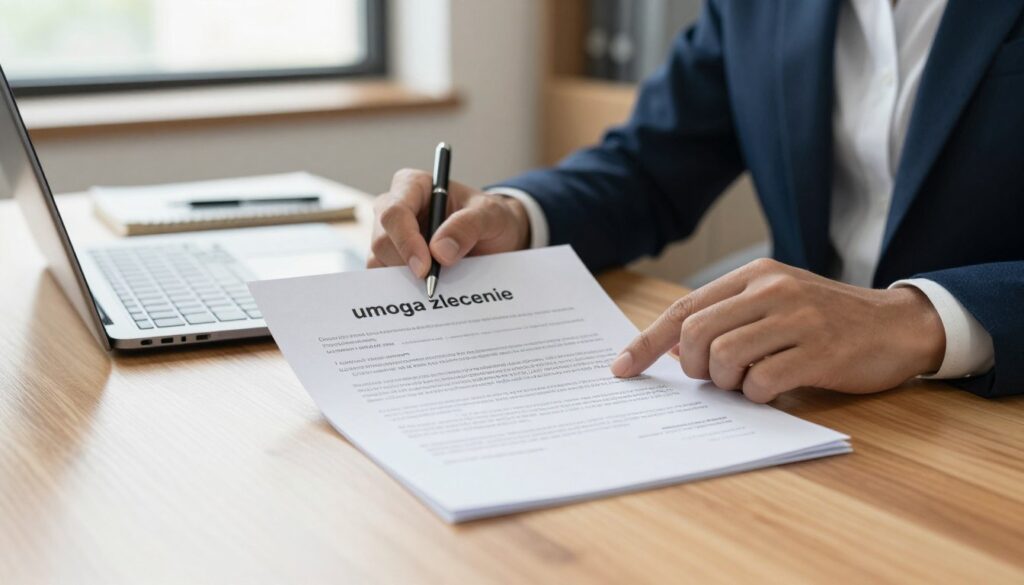 A professional setting showcasing a close-up of a "umowa zlecenie" (contract for specific work) document prominently displayed on a sleek wooden desk. In the foreground, a pair of hands, wearing a business suit, are reviewing the contract. In the middle, there is a laptop and a notepad with a pen, symbolizing a workspace atmosphere. The background features a softly blurred office environment, with a window letting in natural light, creating a warm and inviting mood. The lighting is bright yet soft, capturing a sense of professionalism and clarity. The overall atmosphere is calm and organized, evoking trust and clarity regarding work contracts and sick leave policies. A professional setting showcasing a close-up of a "umowa zlecenie" (contract for specific work) document prominently displayed on a sleek wooden desk. In the foreground, a pair of hands, wearing a business suit, are reviewing the contract. In the middle, there is a laptop and a notepad with a pen, symbolizing a workspace atmosphere. The background features a softly blurred office environment, with a window letting in natural light, creating a warm and inviting mood. The lighting is bright yet soft, capturing a sense of professionalism and clarity. The overall atmosphere is calm and organized, evoking trust and clarity regarding work contracts and sick leave policies.