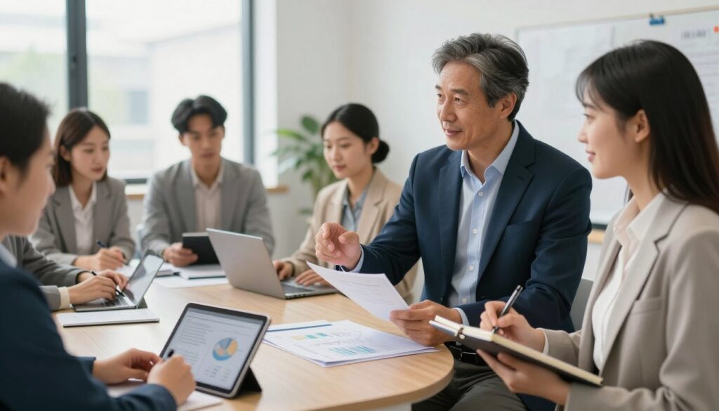 A professional setting with a diverse group of individuals participating in a job training program, focusing on two main figures in the foreground. One person, a middle-aged man in a smart business suit, is explaining a training plan to a young woman in professional attire, who is taking notes. In the middle ground, other participants engage in discussions, with charts and digital tablets visible. The background features a clean, modern office space with bright, natural lighting filtering through large windows, creating a positive and hopeful atmosphere. The scene conveys collaboration and the importance of skills development during unemployment, reflecting the theme of work experience and its value in career progression.