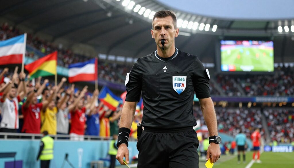 A professional soccer referee in a vibrant stadium, wearing a FIFA referee uniform, stands confidently with a whistle in one hand and a yellow card in the other. In the foreground, the referee's face shows determination and focus, emphasizing their role in major tournaments. The middle ground features an excited crowd, waving flags and displaying various national team colors, capturing the atmosphere of a World Cup match. The background highlights a bright stadium lit up under evening lights, with a large scoreboard displaying match details in a blurred, non-specific manner. The image conveys a sense of professionalism, excitement, and the significance of the referee's role in the world's biggest soccer event, with a sharp focus and a dynamic perspective that invites the viewer into the scene. A professional soccer referee in a vibrant stadium, wearing a FIFA referee uniform, stands confidently with a whistle in one hand and a yellow card in the other. In the foreground, the referee's face shows determination and focus, emphasizing their role in major tournaments. The middle ground features an excited crowd, waving flags and displaying various national team colors, capturing the atmosphere of a World Cup match. The background highlights a bright stadium lit up under evening lights, with a large scoreboard displaying match details in a blurred, non-specific manner. The image conveys a sense of professionalism, excitement, and the significance of the referee's role in the world's biggest soccer event, with a sharp focus and a dynamic perspective that invites the viewer into the scene.