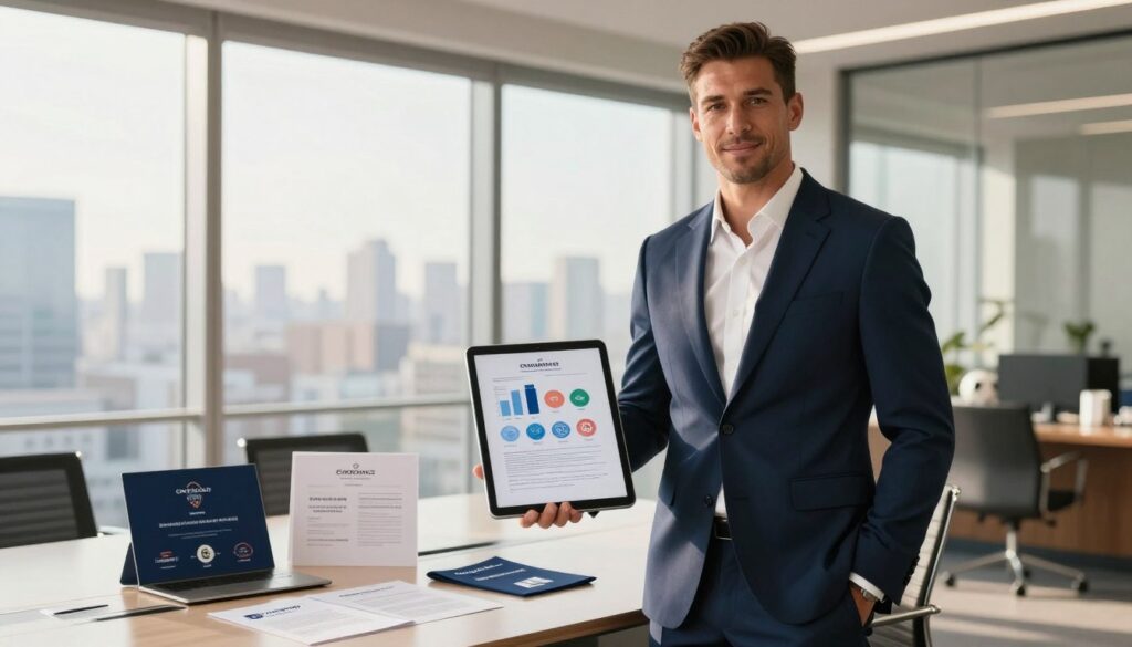 A professional, sophisticated businessman in a sharp navy suit and crisp white shirt, confidently standing in an upscale office environment, showcasing a portfolio of commercial endorsements and partnership contracts. The foreground features the businessman holding a digital tablet displaying graphs and icons representing various sponsorship deals, alongside prominent global brands. In the middle, a sleek conference table is adorned with branded merchandise and promotional materials, symbolizing successful commercial ventures. The background depicts large windows with a panoramic city view, drenched in warm afternoon sunlight that creates a bright and optimistic atmosphere. The image captures a mood of success and ambition, highlighting the financial accomplishments of this sports icon beyond the football field.