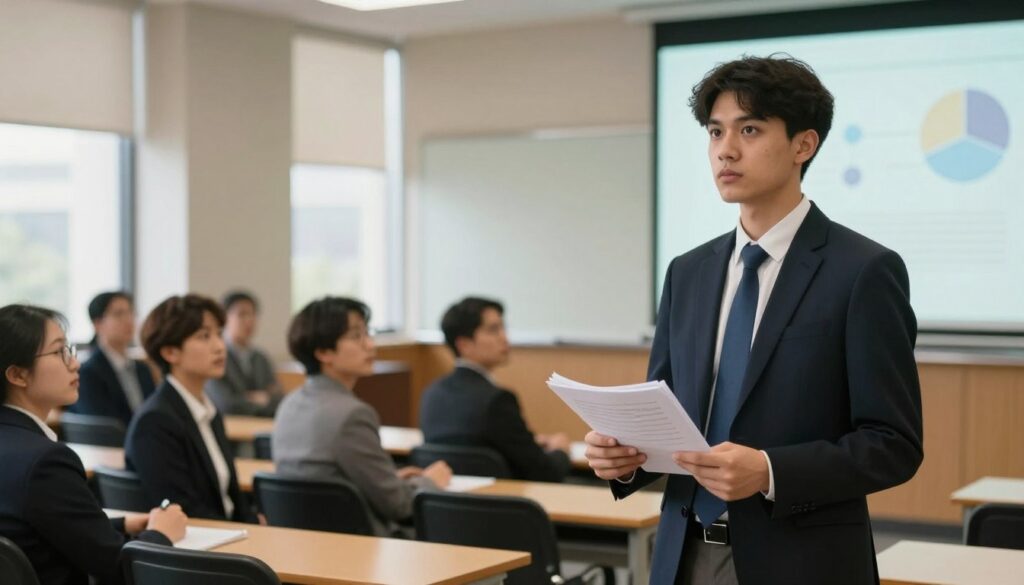A professional student in a formal business suit stands confidently in a lecture hall, preparing to defend their thesis. The foreground features a proud expression as they hold a stack of notes in one hand, while the other gestures towards a presentation screen displaying an abstract design. In the middle, an audience of peers and faculty members are seated, attentively watching. The background reveals a large window allowing natural light to filter in, creating a warm and inviting atmosphere. The scene captures a moment filled with anticipation and seriousness, emphasizing the importance of the thesis defense. Soft lighting highlights the student’s focused demeanor, while the overall ambiance conveys a blend of professionalism and academic achievement.