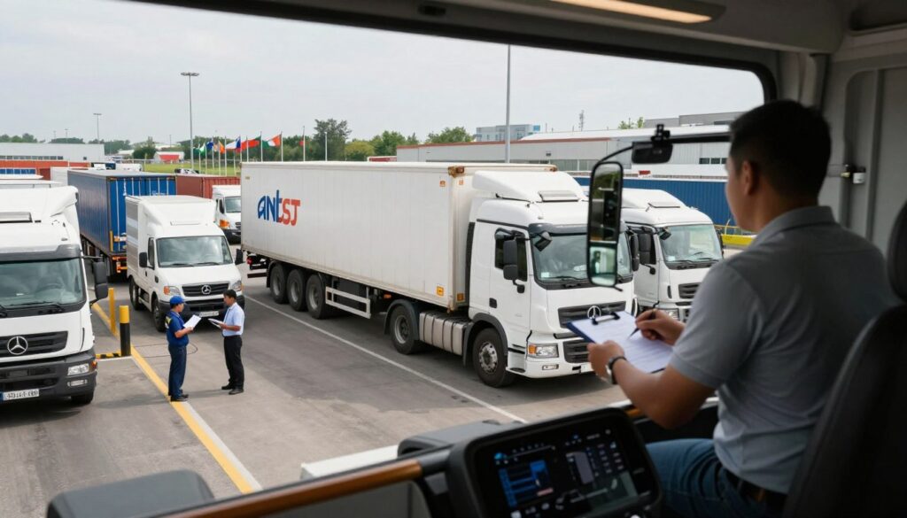 A professional truck driver navigating a busy international border crossing, foreground focused on the driver inside a modern truck cabin, wearing a smart casual outfit. In the middle ground, a large cargo truck with international shipping logos is parked alongside other vehicles, with customs officers checking documents in a bustling setting. The background features a diverse landscape with flags representing different countries and a skyline of industrial buildings, conveying a global transportation hub. The scene is illuminated by soft, natural daylight, creating a productive yet dynamic atmosphere, with a wide-angle perspective emphasizing the scale of international logistics. The overall mood is focused and industrious, illustrating the theme of earnings in international transport.