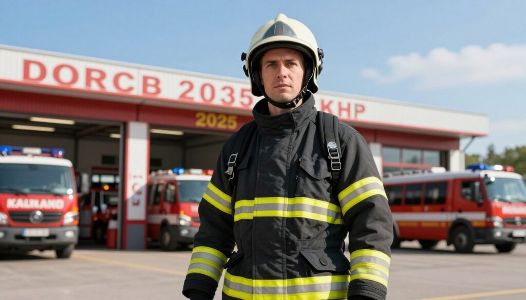 A realistic and professional firefighter in Poland, dressed in a well-fitted firefighting uniform, stands confidently at the forefront. His expression is determined, embodying the spirit of service and bravery. In the middle ground, a bustling fire station is visible, with emergency vehicles and firefighting equipment, hinting at the firefighter's duties. The background features a clear blue sky, suggestive of a bright and hopeful future in 2025. The lighting is bright and uplifting, with sunlight illuminating the scene, creating a warm atmosphere. The composition is captured from a slightly low angle to emphasize the firefighter's stature and importance, while ensuring no text or watermarks are present. The overall mood conveys professionalism, dedication, and the significance of the firefighting profession in society.