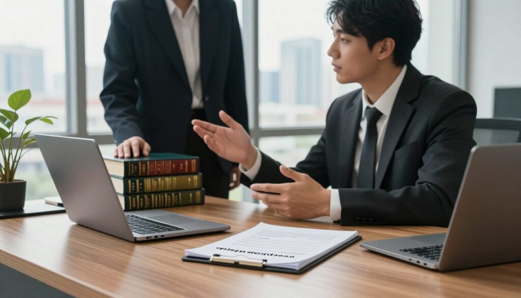 A realistic and professional interior scene depicting a law office, focusing on the theme of "aplikacja adwokacka." In the foreground, a sleek wooden desk is adorned with legal books, a laptop, and a notepad with handwritten notes about the application process. In the middle ground, two young professionals in business attire engage in a discussion, one gesturing towards a stack of law textbooks. The background features a large window allowing natural light to flood in, showcasing a city skyline outside, symbolizing ambition and opportunity. The overall atmosphere should convey a sense of dedication, professionalism, and the seriousness of legal studies, with warm lighting to create an inviting yet focused environment.