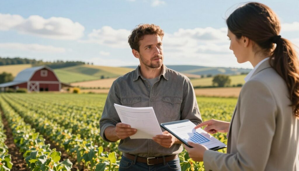 A scene depicting a professional discussion between a farmer and a financial advisor in an agricultural setting. In the foreground, the farmer, dressed in modest casual clothing, stands holding documents, looking engaged and thoughtful. The advisor, dressed in business attire, is pointing at charts displayed on a tablet. In the middle ground, a sunny field with crops and a nearby barn create a vibrant rural atmosphere. In the background, gentle rolling hills under a clear blue sky with wispy clouds complete the idyllic farm setting. The lighting is warm and inviting, suggesting a bright afternoon. The mood is focused and educational, highlighting the importance of understanding pension contributions related to agricultural work.
