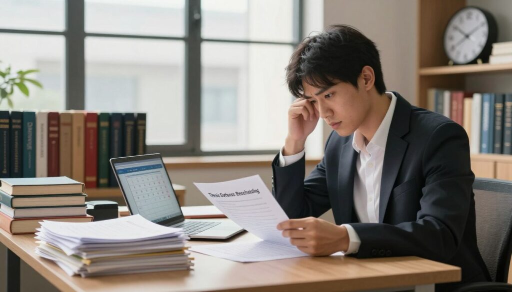 A serene academic office setting where a young adult in professional attire anxiously reviews paperwork at a desk filled with books and study materials. The foreground features a stack of papers labeled "Thesis Defense Rescheduling" and a laptop displaying a calendar with marked dates. In the middle ground, shelves lined with academic textbooks and a clock showing late hours create a sense of urgency. The background reveals a large window with soft, natural light illuminating the room, casting gentle shadows that add depth to the scene. The atmosphere evokes a mix of determination and apprehension, symbolizing the challenges of extending an academic deadline. The overall color palette is warm and inviting, reflecting hope amidst academic pressure.