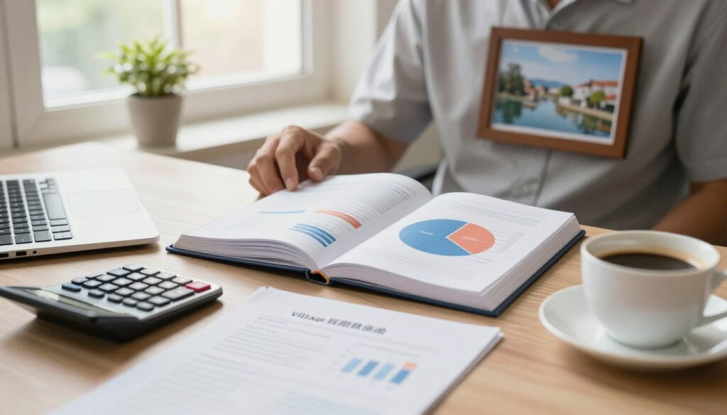 A serene office setting showcasing the financial aspects of a village headman's income. In the foreground, a neatly arranged desk with papers, a calculator, and a cup of coffee, symbolizing diligence. The middle ground features an open ledger with a pie chart, highlighting various income components like diet allowances, fees, and benefits. The background reveals a window with soft, natural light streaming in, illuminating a small plant and a framed village photo. The atmosphere is professional yet inviting, emphasizing a sense of responsibility and community engagement. Capture this scene with a warm color palette, a soft focus lens to create depth, and a slight angle that adds perspective.