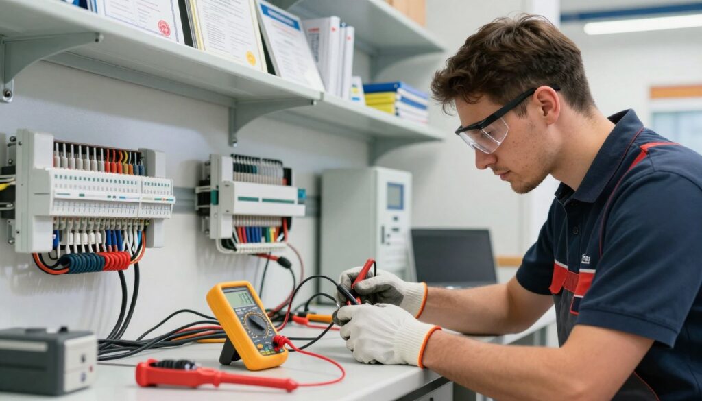 A skilled electrician in a modern workshop, inspecting electrical wiring on a workbench with various tools scattered around. The foreground features a focused electrician wearing a professional work shirt, safety goggles, and gloves, showcasing a meticulous approach. In the middle, tools like a multimeter, wire stripper, and electrical panels are visible, emphasizing the technical aspect of the profession. The background includes shelves filled with instructional materials and qualification certificates, highlighting the importance of qualifications and experience. The lighting is bright and natural, illuminating the workspace and creating a productive atmosphere. The image conveys a sense of professionalism, expertise, and the significance of qualifications in the electrical field in Germany.