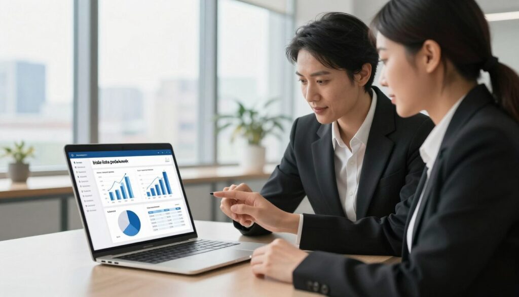 A sleek, professional office setting featuring a modern desk with a laptop open to a digital display of the "biała lista podatników." In the foreground, a male and female business professional, dressed in sharp business attire, are analyzing the data on the screen. The middle layer showcases a clear, organized flow of charts and graphs displayed on the laptop, symbolizing tax information. In the background, large windows provide natural light, creating a bright and optimistic atmosphere, with city skyline views to signify an active business environment. The scene captures a sense of urgency and expertise, emphasizing clarity and focus on tax compliance. Soft, warm lighting enhances professionalism and approachability, while the angle of the shot gives depth and context to the workspace.