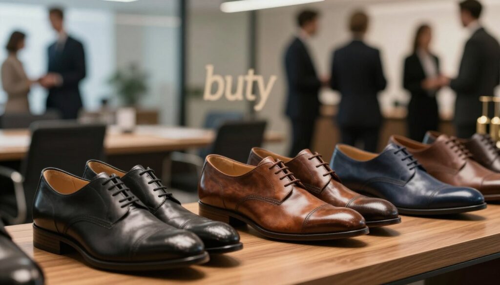 A sophisticated and stylish display of "buty" (shoes) showcasing several elegant pairs suitable for various occasions like work, meetings, and celebrations. In the foreground, prominent pairs of leather and suede shoes in classic colors such as black, brown, and navy, arranged artistically on a polished wooden surface. In the middle ground, a blurred image of a professional business setting, such as an office or a meeting room with sleek furniture and soft ambient lighting. The background features soft-focus silhouettes of people in professional attire, creating a subtle yet refined atmosphere. The overall mood conveys professionalism and elegance, with warm lighting that highlights the shoes’ textures and details, using a shallow depth of field to emphasize the product. A sophisticated and stylish display of "buty" (shoes) showcasing several elegant pairs suitable for various occasions like work, meetings, and celebrations. In the foreground, prominent pairs of leather and suede shoes in classic colors such as black, brown, and navy, arranged artistically on a polished wooden surface. In the middle ground, a blurred image of a professional business setting, such as an office or a meeting room with sleek furniture and soft ambient lighting. The background features soft-focus silhouettes of people in professional attire, creating a subtle yet refined atmosphere. The overall mood conveys professionalism and elegance, with warm lighting that highlights the shoes’ textures and details, using a shallow depth of field to emphasize the product.
