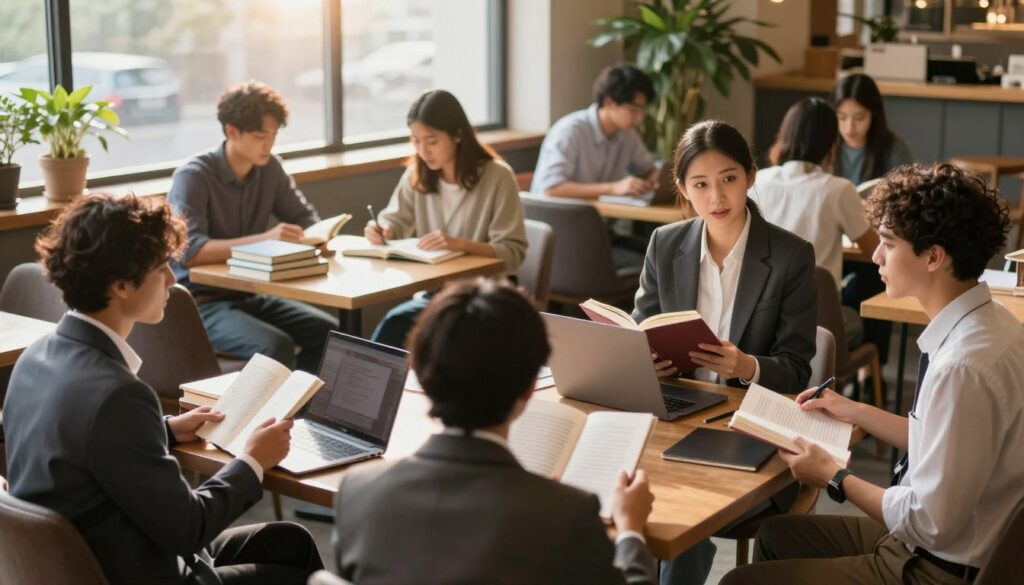 A split scene capturing the essence of choosing between full-time and part-time studies. In the foreground, a diverse group of professional-looking individuals in business attire and modest casual clothing are engaged in discussion, holding books and laptops, symbolizing their studies. The middle layer features a cozy café setting with students studying together, balanced by a desk scattered with textbooks and a laptop. In the background, sunlight filters through a large window, casting warm light on an indoor plant, enhancing the inviting atmosphere. Soft shadows create a feeling of depth, while the overall mood is productive and collaborative, reflecting the challenges and benefits of balancing work and education.