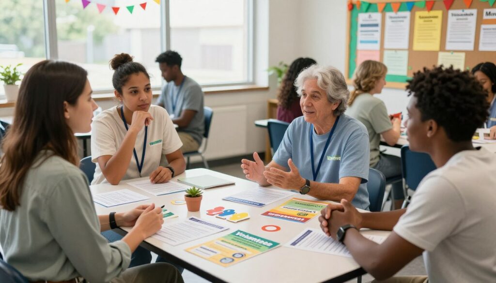 A vibrant community center scene with diverse individuals actively engaged in discussions about volunteering. In the foreground, a young woman in professional casual attire is explaining ideas to two volunteers, a middle-aged man and an older woman, both nodding attentively. The middle ground features a table filled with informational pamphlets about volunteer opportunities and application procedures, surrounded by cheerful decorations indicating a welcoming atmosphere. In the background, bright windows let in natural light, illuminating a bulletin board filled with colorful flyers for various community initiatives. The mood is uplifting and inclusive, conveying a sense of purpose, collaboration, and readiness to serve. Capture this image from a slightly elevated angle to emphasize the interactions and engagement among the individuals.