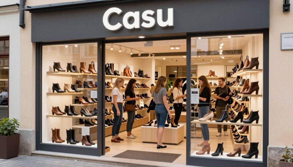 A vibrant retail storefront of "Casu" shoes located in Rawicz, Poland, showcasing an inviting display of stylish footwear in the foreground. In the middle, customers are seen engaging with friendly staff, some trying on shoes and others browsing the selection. The background features the charming architecture of a typical Polish shopping street, with quaint buildings and greenery. Soft, natural lighting illuminates the scene, creating a warm and welcoming atmosphere. The angle captures the entrance of the store, emphasizing an inviting entrance while maintaining focus on the interactions inside. The overall mood is friendly and engaging, reflecting a positive shopping experience without any text or additional elements.