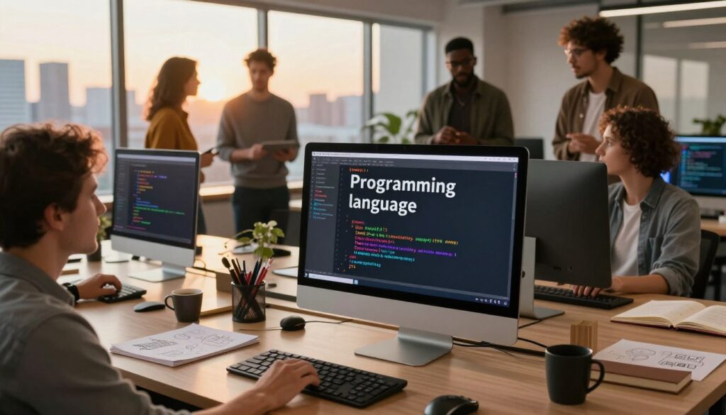 A vibrant scene depicting the concept of "programming language," featuring a modern, stylish workspace. In the foreground, a sleek computer screen showcases colorful lines of code in a popular programming language like Python or JavaScript, reflecting creativity and innovation. A well-organized desk with tech gadgets, a coffee cup, and notebooks filled with sketches and notes adds character. In the middle ground, a diverse group of professionals, dressed in business casual attire, attentively discuss coding concepts. The background features a large window with a view of a city skyline at sunset, golden light spilling into the room, creating an inspiring and productive atmosphere. The overall mood is focused, collaborative, and filled with potential, encouraging newcomers to the world of programming. A vibrant scene depicting the concept of "programming language," featuring a modern, stylish workspace. In the foreground, a sleek computer screen showcases colorful lines of code in a popular programming language like Python or JavaScript, reflecting creativity and innovation. A well-organized desk with tech gadgets, a coffee cup, and notebooks filled with sketches and notes adds character. In the middle ground, a diverse group of professionals, dressed in business casual attire, attentively discuss coding concepts. The background features a large window with a view of a city skyline at sunset, golden light spilling into the room, creating an inspiring and productive atmosphere. The overall mood is focused, collaborative, and filled with potential, encouraging newcomers to the world of programming.