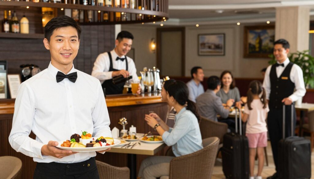 A vibrant scene depicting the differences in earnings among various hospitality venues. In the foreground, a well-dressed waiter in a premium restaurant setting looks pleased, holding a fancy platter with high-end food items. In the middle ground, a cheerful bartender in a casual pub mixes drinks, surrounded by patrons enjoying a lively atmosphere. To the right, a friendly hotel staff member assists a family with luggage, showcasing a welcoming lobby. In the background, a cozy family restaurant is visible, with patrons chatting over meals. Soft, warm lighting casts a welcoming glow throughout, creating an inviting and lively atmosphere. Use a slightly blurred focus on the background to emphasize the foreground subjects, capturing the essence of diverse earnings in different establishments.