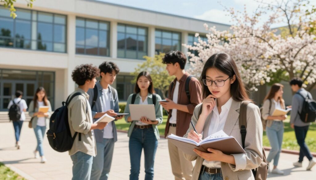 A vibrant university campus scene during a sunny day, capturing a diverse group of young adults engaged in discussions and contemplating their future studies. In the foreground, a focused young woman with glasses sketches ideas in a notebook, dressed in professional casual attire. Nearby, a group of friends, one holding a laptop, exchanges thoughts animatedly. The middle ground features a modern university building with large windows reflecting the blue sky. In the background, trees are in full bloom, and students walk, some with books and others with backpacks, illustrating the dynamic environment of higher education. The sunlight casts warm, inviting shadows, creating an inspirational and hopeful atmosphere, perfect for a reflective moment about selecting one's field of study.
