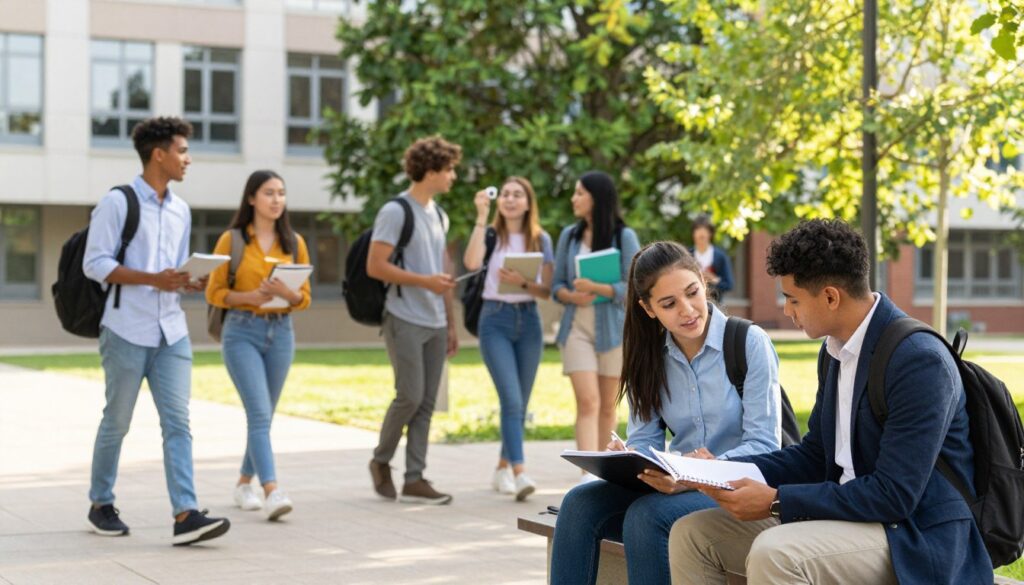 A vibrant university campus scene during the day, capturing a diverse group of students engaged in various activities. In the foreground, two students of different backgrounds discuss their notes while seated on a bench, both dressed in smart casual clothing. In the middle, other students walk by, some carrying backpacks with books and laptops, and others chatting animatedly. The background features a modern university building with large windows, lush green trees, and bright skies illuminated by soft sunlight. The atmosphere is lively yet focused, reflecting an environment of collaboration and learning, ideal for full-time students. Use a clear, slightly angled perspective to emphasize the dynamism of campus life.