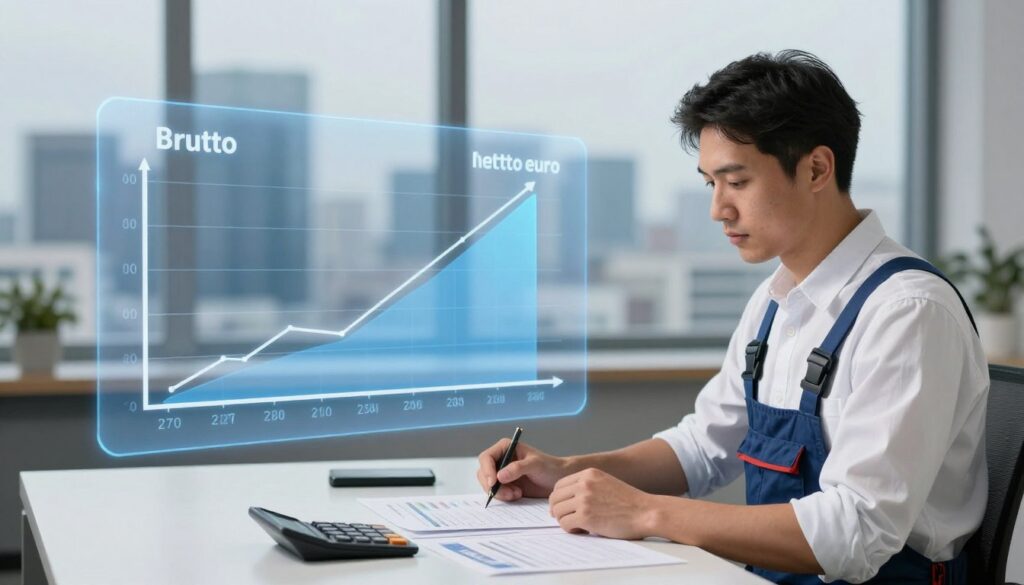 A visually striking image of a financial comparison illustrating "brutto netto euro." In the foreground, a professional electrician, dressed in clean, modest work attire, sits at a modern desk with financial documents and a calculator spread out. In the middle ground, a large, clear graph showing the differences between brutto and netto income is prominently displayed. In the background, a soft-focus of a city skyline of Germany creates a contextual atmosphere. The lighting is bright and focused on the desk area, symbolizing clarity and insight, with a soft blur on the background to emphasize the subject. The overall mood is analytical yet accessible, inviting readers to engage with the financial concepts presented.