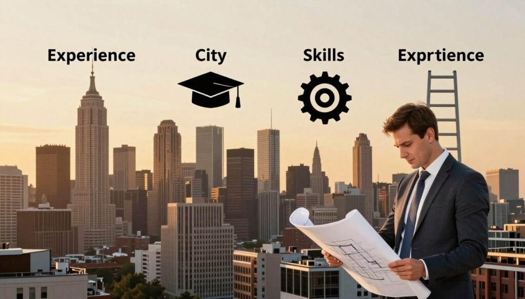 A visually striking infographic that illustrates the factors influencing architect salaries, featuring four main elements: experience, city, skills, and qualifications. In the foreground, include a professional architect in business attire, analyzing architectural blueprints. In the middle ground, incorporate symbols representing each factor—such as a city skyline for location, a graduation cap for qualifications, a gear for skills, and a ladder for experience. The background should depict a bustling urban environment, showcasing various architectural styles and a skyline at dusk, bathed in warm, golden lighting to create an optimistic atmosphere. The composition should be clean and organized, emphasizing professional growth and ambition without any text or distracting elements.
