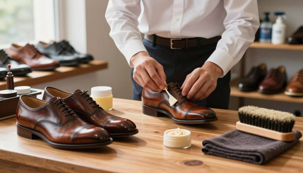 A well-lit, inviting workspace dedicated to shoe maintenance. In the foreground, a pair of well-crafted Cesare Cave leather shoes, gleaming with a fresh shine, rests on a polished wooden table. Beside the shoes, professional-grade shoe care products are artfully arranged—cream, polish, a brush, and a cloth, showcasing the tools necessary for proper leather care. In the middle, a hands-on approach is depicted, with a neatly dressed individual, wearing a white shirt and dark trousers, delicately applying the polish to the shoe. Soft, natural light streams in from a nearby window, creating a warm and cozy atmosphere. In the background, a few other leather shoes and an organized shelf with shoe care supplies can be seen, enhancing the setting. The overall mood reflects professionalism and dedication to shoe care, ideal for a guide on maintaining quality leather footwear. A well-lit, inviting workspace dedicated to shoe maintenance. In the foreground, a pair of well-crafted Cesare Cave leather shoes, gleaming with a fresh shine, rests on a polished wooden table. Beside the shoes, professional-grade shoe care products are artfully arranged—cream, polish, a brush, and a cloth, showcasing the tools necessary for proper leather care. In the middle, a hands-on approach is depicted, with a neatly dressed individual, wearing a white shirt and dark trousers, delicately applying the polish to the shoe. Soft, natural light streams in from a nearby window, creating a warm and cozy atmosphere. In the background, a few other leather shoes and an organized shelf with shoe care supplies can be seen, enhancing the setting. The overall mood reflects professionalism and dedication to shoe care, ideal for a guide on maintaining quality leather footwear.