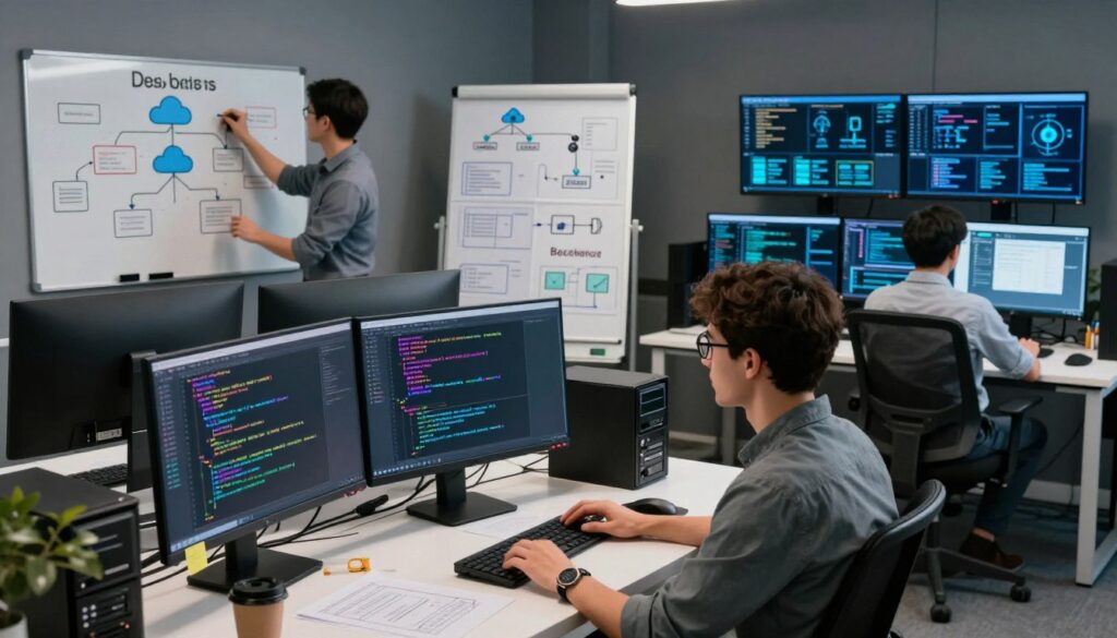 A well-organized workspace featuring four distinct areas representing different programming specializations. In the foreground, a focused software developer with glasses, dressed in smart casual attire, working on frontend design with colorful code snippets on monitors. In the middle ground, a backend programmer surrounded by server-related diagrams, sitting at a desk cluttered with databases and system architecture blueprints. To the side, a DevOps engineer is depicted coordinating cloud systems with a whiteboard full of workflow charts. In the background, a cybersecurity expert is analyzing data security protocols with multiple screens displaying security threats. Soft lighting illuminates each section, creating a collaborative atmosphere, while a modern office setting enhances the professionalism of the scene. The overall mood is dynamic and intellectual, showcasing the diversity in programming careers.
