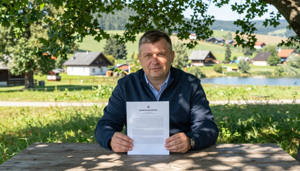 A wise village leader, portrayed as a middle-aged man, sits at a rustic wooden table in an outdoor setting, surrounded by lush greenery. He is dressed in smart casual attire, reflecting professionalism yet approachability. In his hands, he holds a document, symbolizing community responsibilities and duties. Behind him, a picturesque village landscape with small houses and a serene lake reflects the essence of village life. The scene captures a warm and inviting midday sun filtering through the leaves, creating dappled light patterns on the ground. The mood is one of calm authority and community spirit, inviting the viewer to appreciate the important role of the village leader, the sołtys, in local governance.