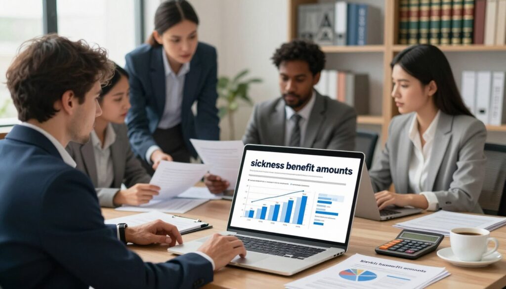 An informative illustration depicting the concept of "sickness benefit amounts" in a professional context. In the foreground, a styled desk with a laptop displaying charts and graphs related to sickness benefits, surrounded by a calculator, financial documents, and a coffee cup. In the middle ground, a diverse group of business professionals in smart attire discussing and reviewing paperwork about sick leave policies. The background features a soft-focus office environment with shelves filled with law books and motivational posters. The lighting is bright and natural, streaming in through a window, creating a calm and focused atmosphere. The mood is professional and informative, emphasizing clarity in understanding sickness benefit percentages, illustrating the balance between 80% and 100% of base pay. An informative illustration depicting the concept of "sickness benefit amounts" in a professional context. In the foreground, a styled desk with a laptop displaying charts and graphs related to sickness benefits, surrounded by a calculator, financial documents, and a coffee cup. In the middle ground, a diverse group of business professionals in smart attire discussing and reviewing paperwork about sick leave policies. The background features a soft-focus office environment with shelves filled with law books and motivational posters. The lighting is bright and natural, streaming in through a window, creating a calm and focused atmosphere. The mood is professional and informative, emphasizing clarity in understanding sickness benefit percentages, illustrating the balance between 80% and 100% of base pay.
