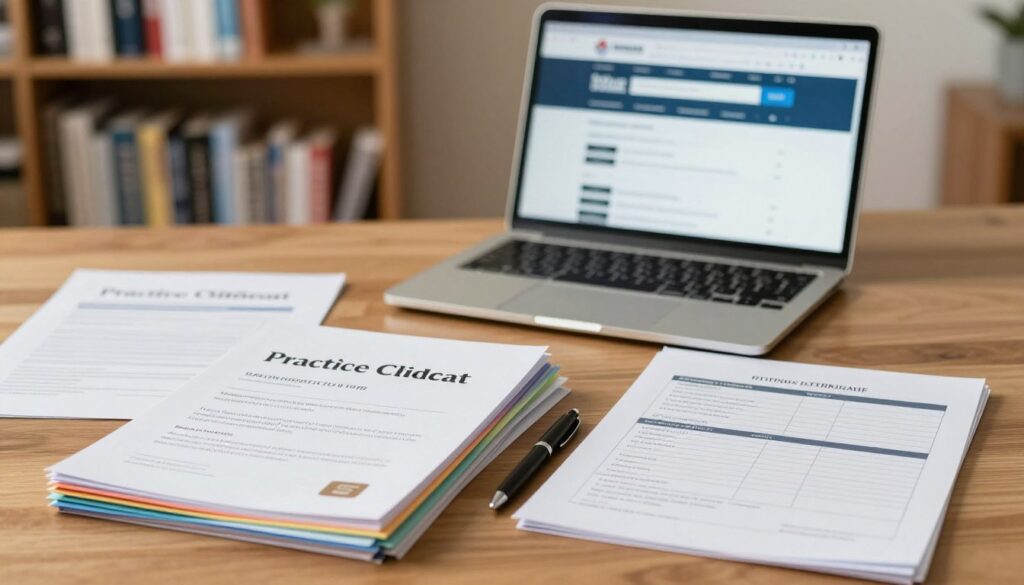 An organized desk scene depicting essential documents for student internships, such as practice certificates, application forms, and evaluation sheets. In the foreground, a neatly stacked pile of colorful papers and a pen lying beside them. The middle layer features a laptop displaying an online portal for internship applications. In the background, a softly blurred bookshelf filled with educational resources to convey an academic atmosphere. The lighting is warm and inviting, creating a focused and encouraging mood for students. The image should have a slightly shallow depth of field, emphasizing the documents and laptop while ensuring a cohesive and professional look. Avoid any human presence to maintain focus on the materials.
