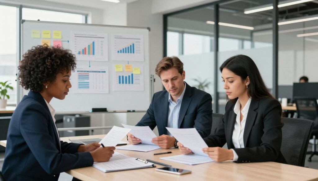 In a modern office setting, two professionals engage in an audit discussion, focused on analyzing documents and data. The foreground features a diverse group of three individuals: a Black woman in business attire, a Caucasian man in a suit, and a Hispanic woman reviewing papers together at a conference table. The middle ground includes a large whiteboard filled with charts and post-it notes, representing audit processes. The background showcases a sleek, open office space with large windows allowing natural light to fill the room, casting soft shadows. The atmosphere is serious yet collaborative, highlighting the importance of audits versus control in the workplace. The composition captures the essence of teamwork, professionalism, and attention to detail, using a wide-angle lens for a comprehensive view.